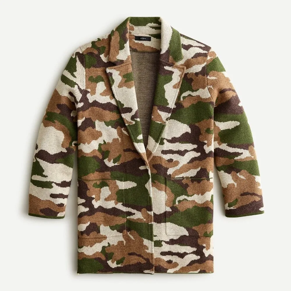 NWT J.Crew Sophie Coffee Camo Camouflage Open-Front Sweater Blazer Cardigan XXS